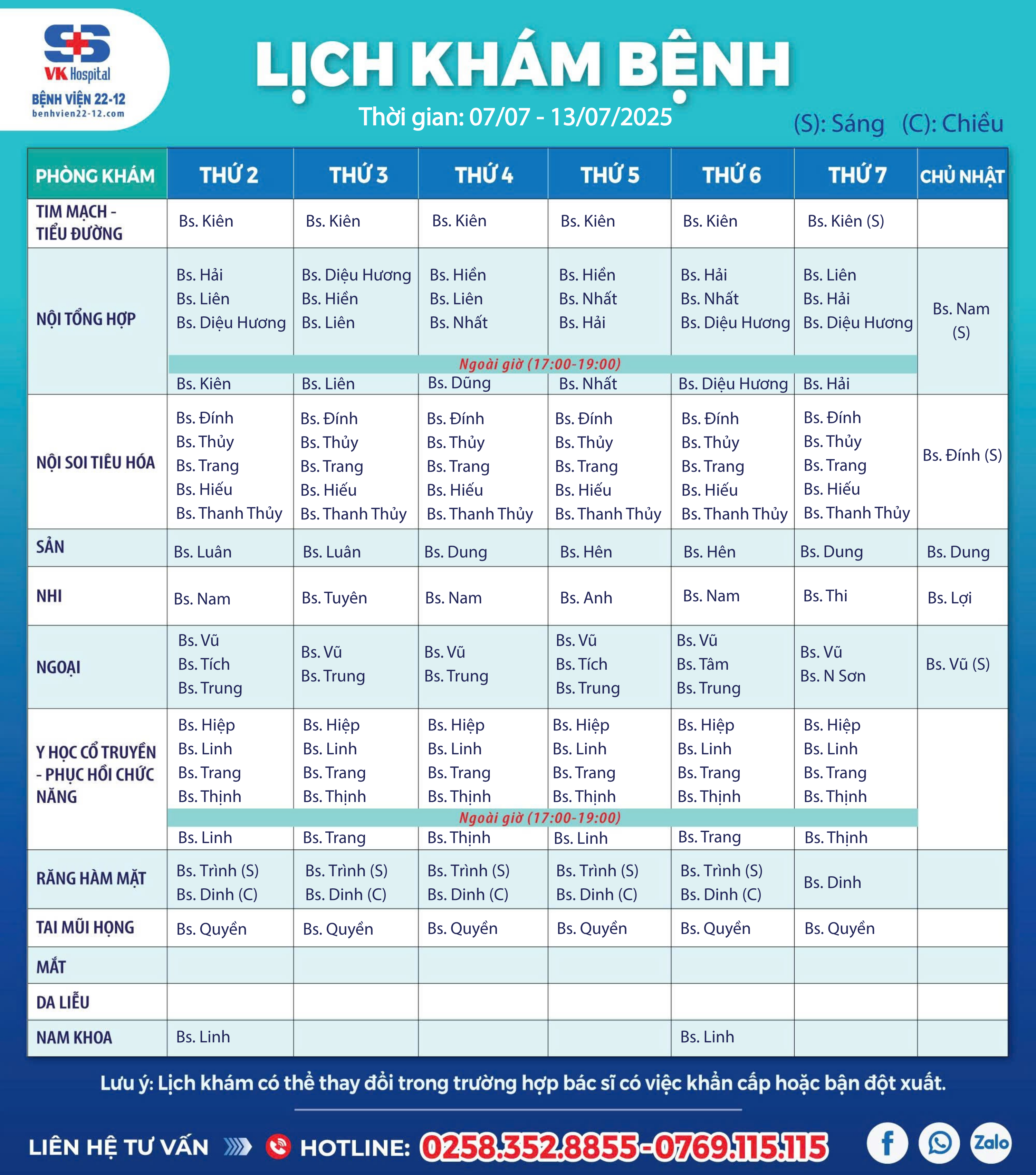 Lịch khám bệnh từ 07/07 đến 13/07/2025